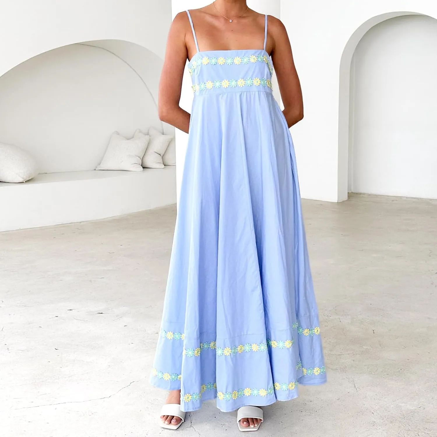 Women Floral Embroidered Maxi Dress Spaghetti Strap Smocked Maxi Dress A Line Flowy Swing Long Dress