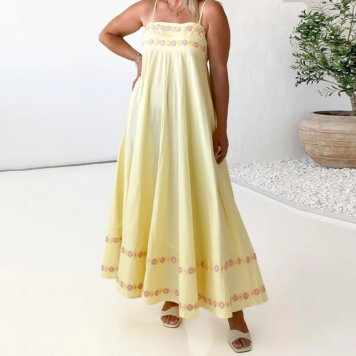Women Floral Embroidered Maxi Dress Spaghetti Strap Smocked Maxi Dress A Line Flowy Swing Long Dress
