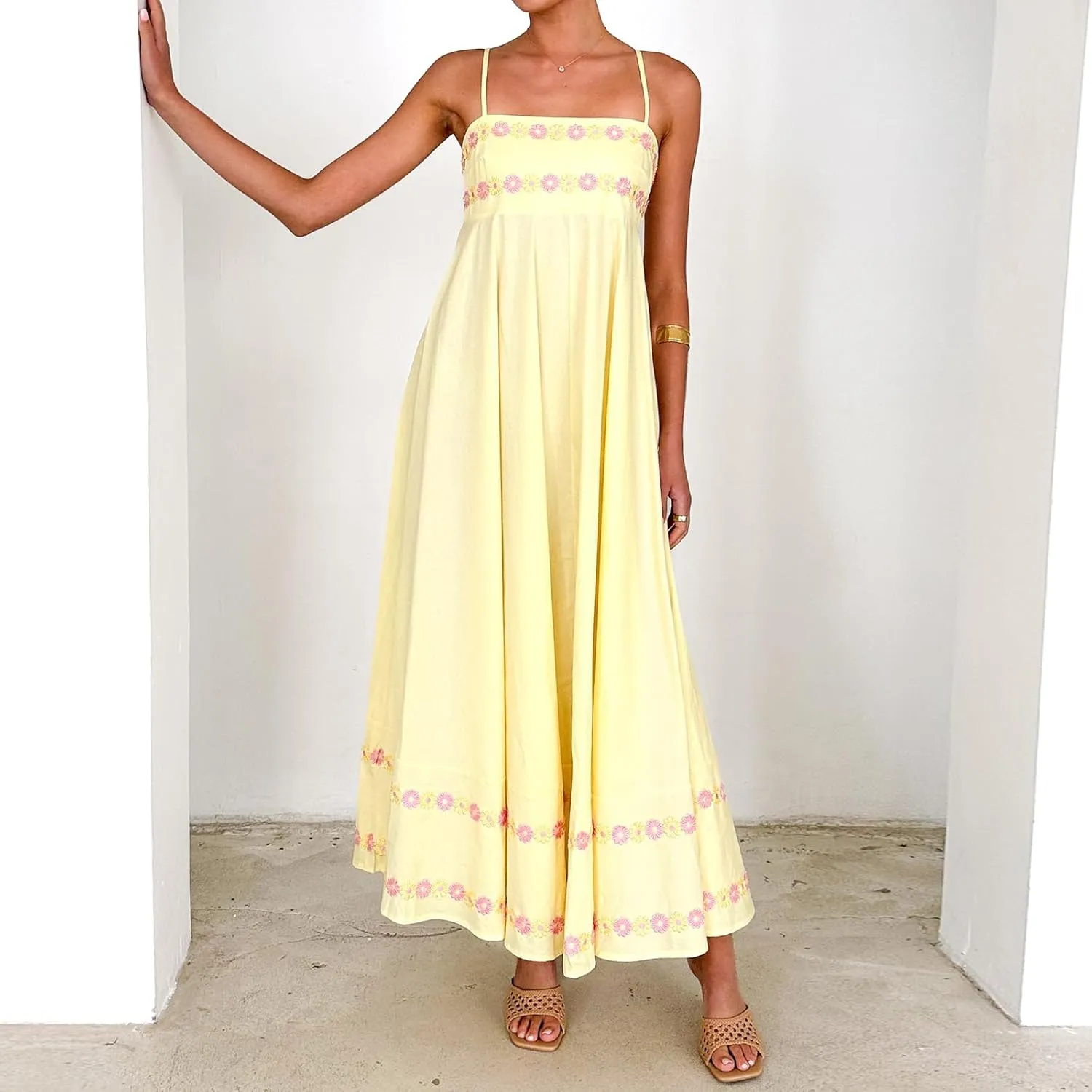 Women Floral Embroidered Maxi Dress Spaghetti Strap Smocked Maxi Dress A Line Flowy Swing Long Dress