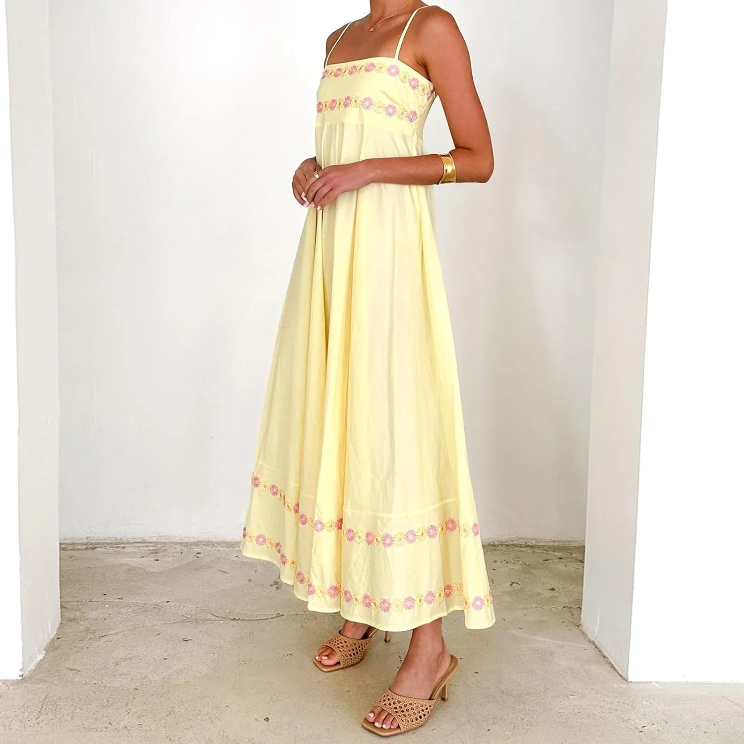 Women Floral Embroidered Maxi Dress Spaghetti Strap Smocked Maxi Dress A Line Flowy Swing Long Dress