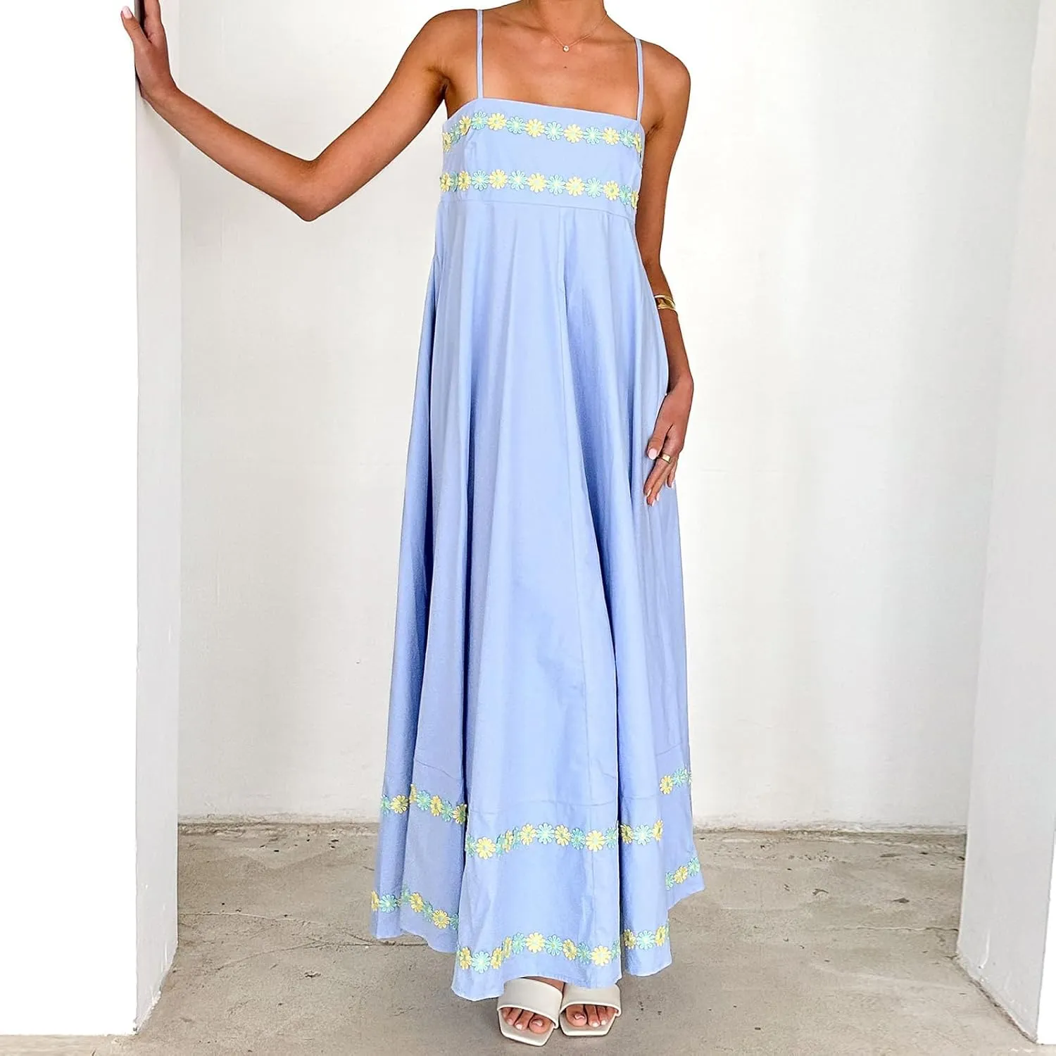 Women Floral Embroidered Maxi Dress Spaghetti Strap Smocked Maxi Dress A Line Flowy Swing Long Dress