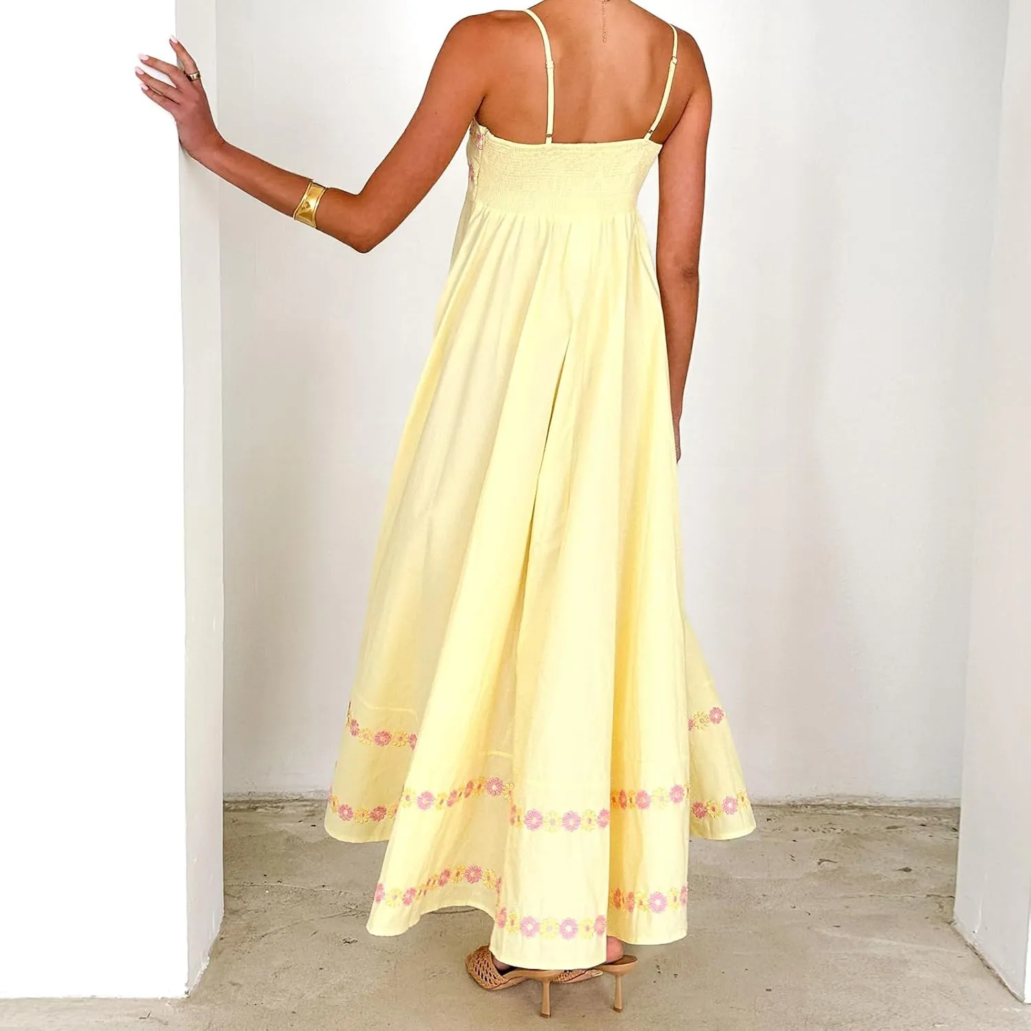 Women Floral Embroidered Maxi Dress Spaghetti Strap Smocked Maxi Dress A Line Flowy Swing Long Dress