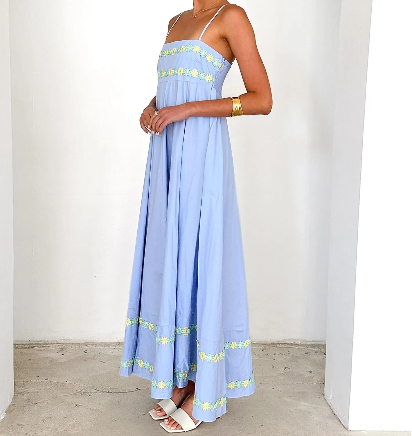 Women Floral Embroidered Maxi Dress Spaghetti Strap Smocked Maxi Dress A Line Flowy Swing Long Dress
