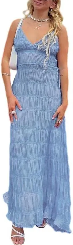 Women Halter Flowy Vacation Long Dress Sexy Sheer Ruched Backless Dress Y2k Sleeveless Beach Tiered Maxi Sundresses