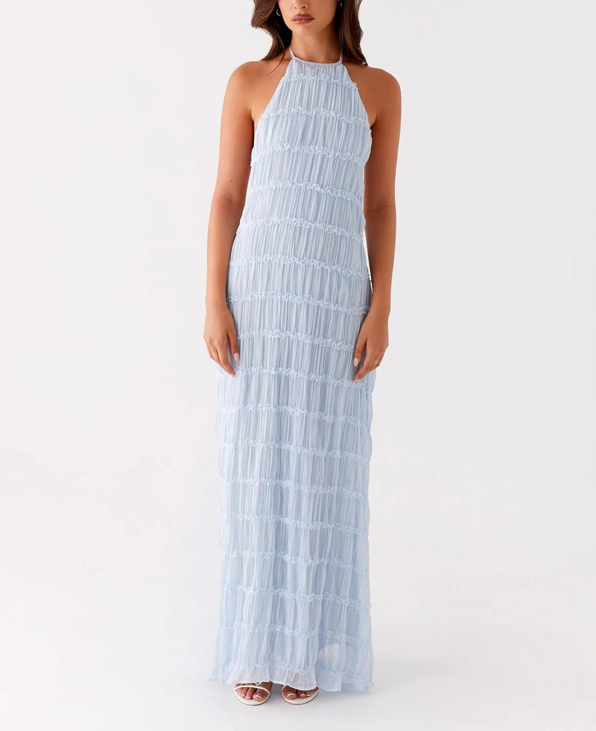 Women Halter Flowy Vacation Long Dress Sexy Sheer Ruched Backless Dress Y2k Sleeveless Beach Tiered Maxi Sundresses