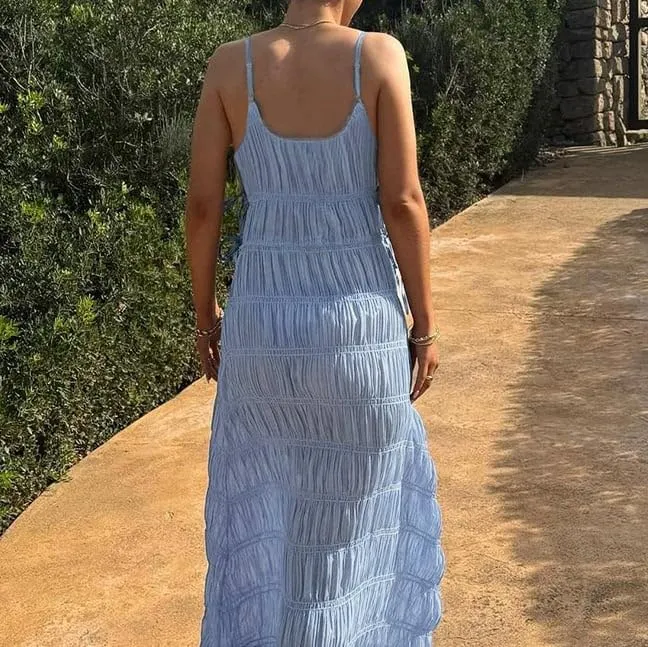 Women Halter Flowy Vacation Long Dress Sexy Sheer Ruched Backless Dress Y2k Sleeveless Beach Tiered Maxi Sundresses