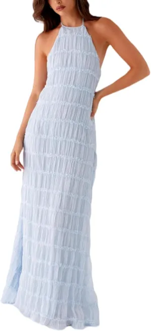 Women Halter Flowy Vacation Long Dress Sexy Sheer Ruched Backless Dress Y2k Sleeveless Beach Tiered Maxi Sundresses