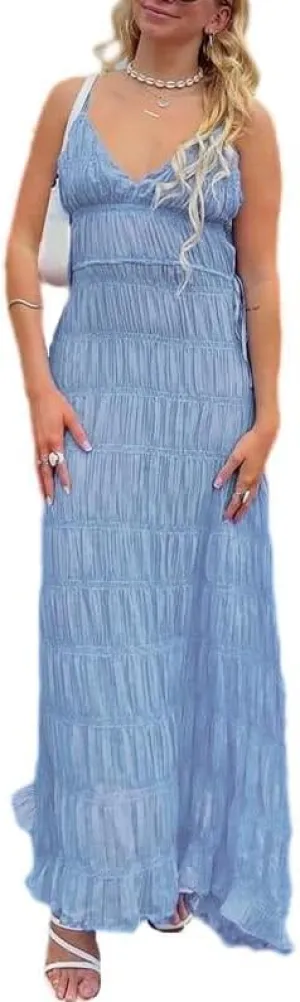 Women Halter Flowy Vacation Long Dress Sexy Sheer Ruched Backless Dress Y2k Sleeveless Beach Tiered Maxi Sundresses