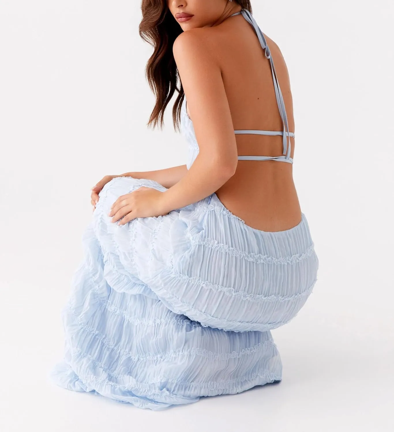 Women Halter Flowy Vacation Long Dress Sexy Sheer Ruched Backless Dress Y2k Sleeveless Beach Tiered Maxi Sundresses