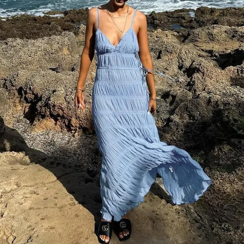 Women Halter Flowy Vacation Long Dress Sexy Sheer Ruched Backless Dress Y2k Sleeveless Beach Tiered Maxi Sundresses