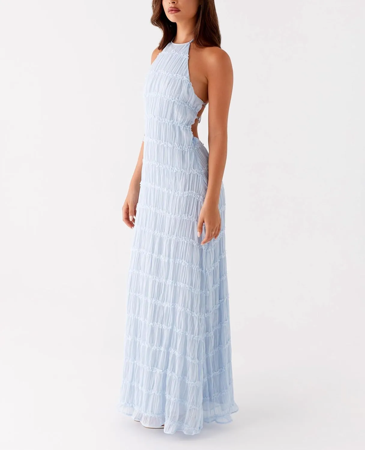 Women Halter Flowy Vacation Long Dress Sexy Sheer Ruched Backless Dress Y2k Sleeveless Beach Tiered Maxi Sundresses