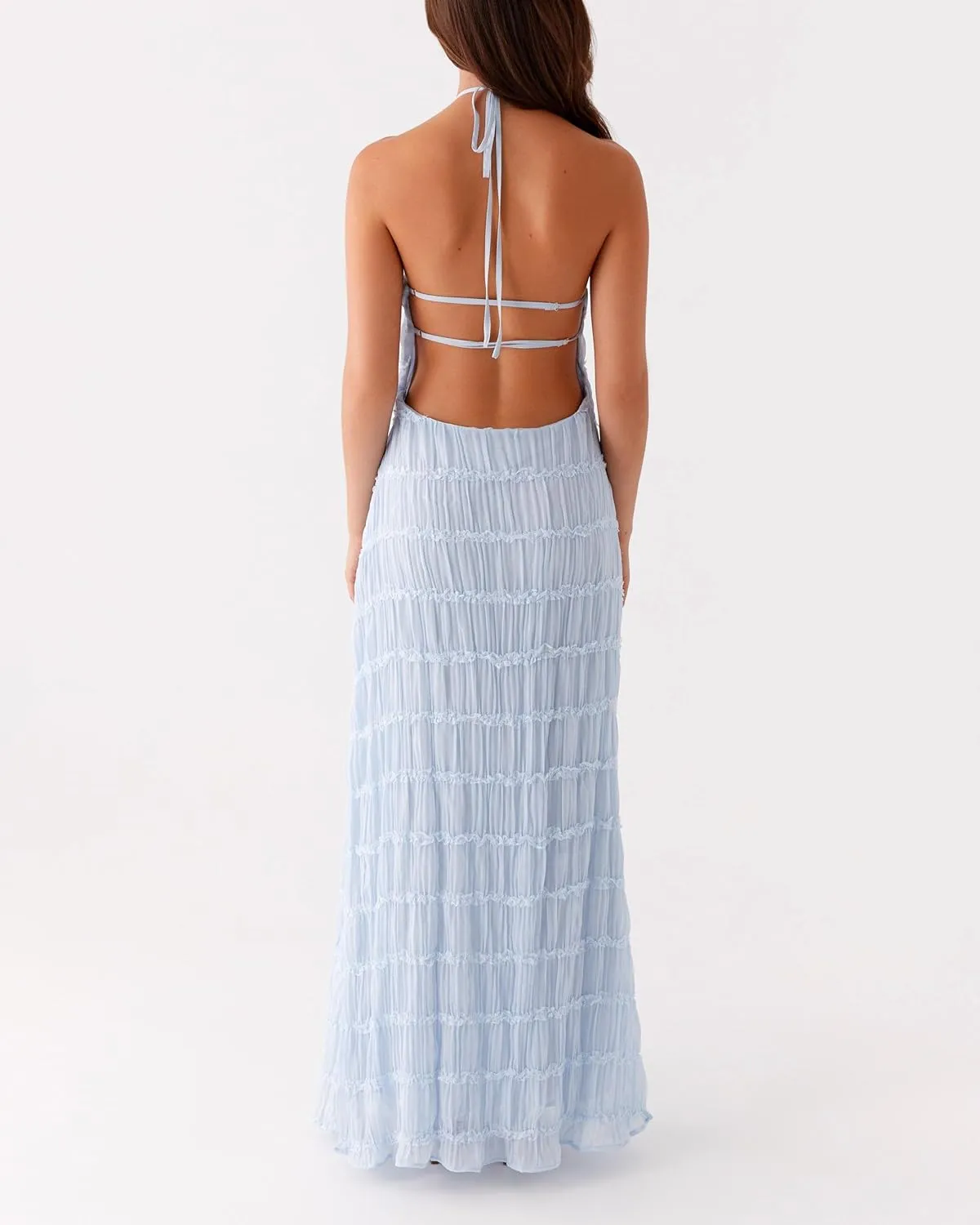 Women Halter Flowy Vacation Long Dress Sexy Sheer Ruched Backless Dress Y2k Sleeveless Beach Tiered Maxi Sundresses