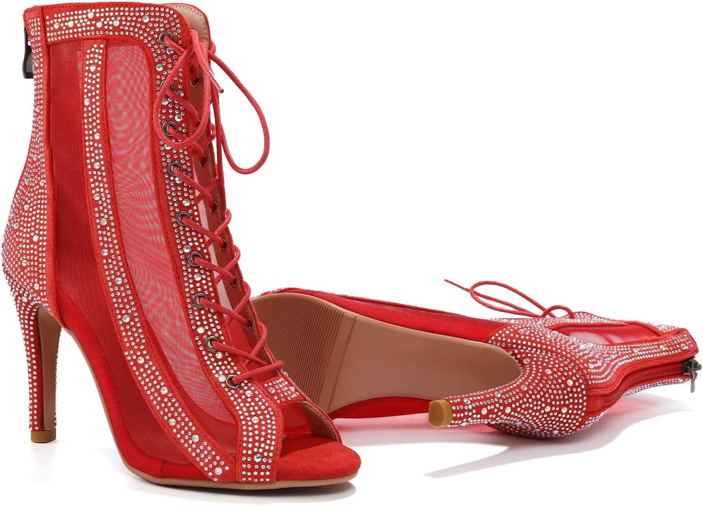 Women Latin Dance Boots Peep Toe Mesh Lace up Dance Boots with Rhinestone Practice Salsa Ballroom Dance Heels