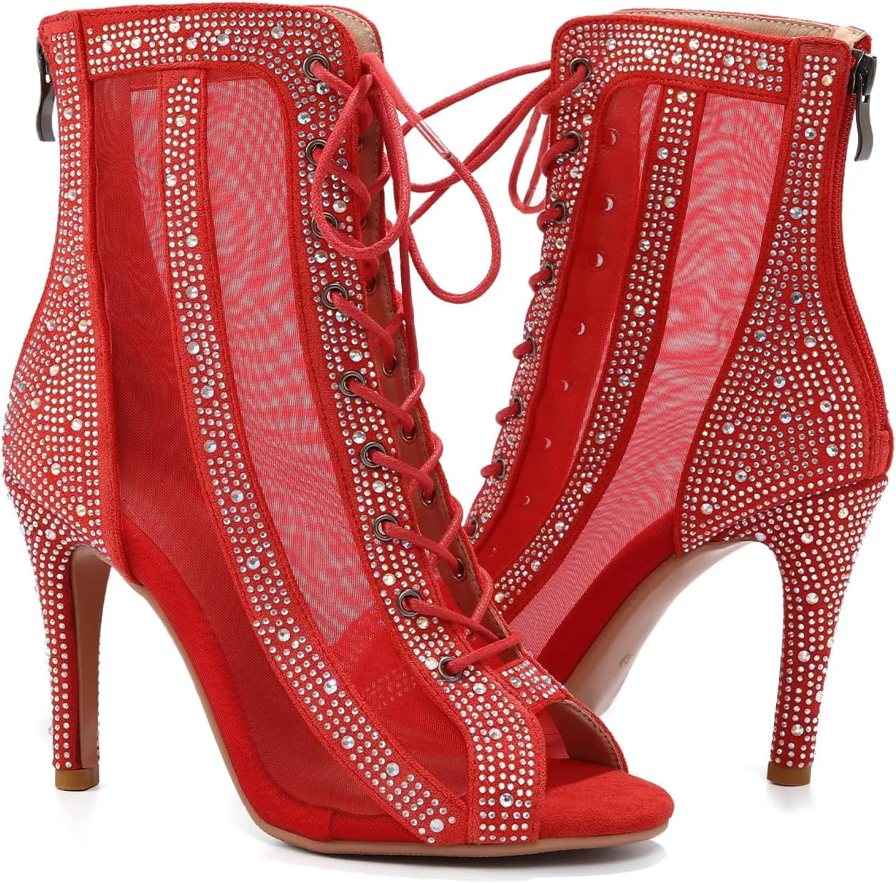 Women Latin Dance Boots Peep Toe Mesh Lace up Dance Boots with Rhinestone Practice Salsa Ballroom Dance Heels