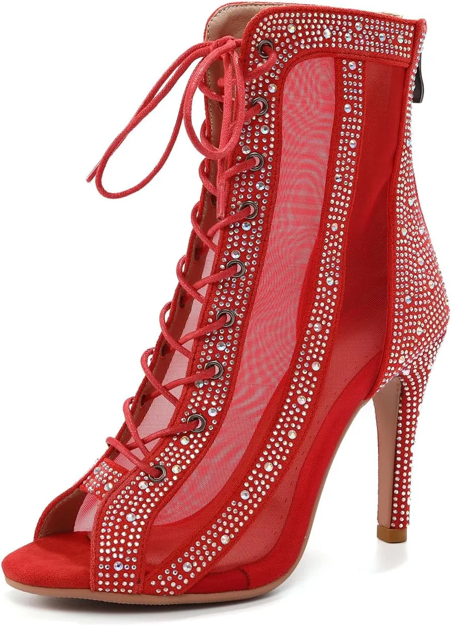 Women Latin Dance Boots Peep Toe Mesh Lace up Dance Boots with Rhinestone Practice Salsa Ballroom Dance Heels