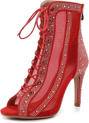 Women Latin Dance Boots Peep Toe Mesh Lace up Dance Boots with Rhinestone Practice Salsa Ballroom Dance Heels