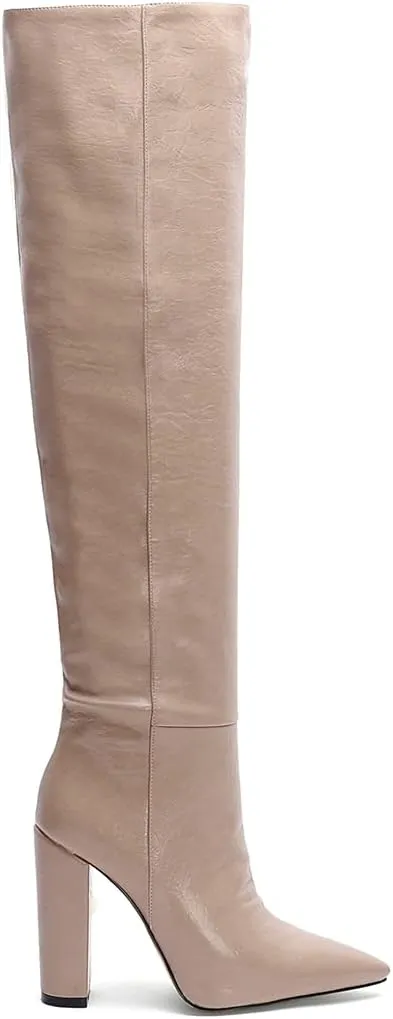 Women Leather Knee High Boots Block Heel Vintage Thigh High Chunky Heeled Dress Shoes for Daily