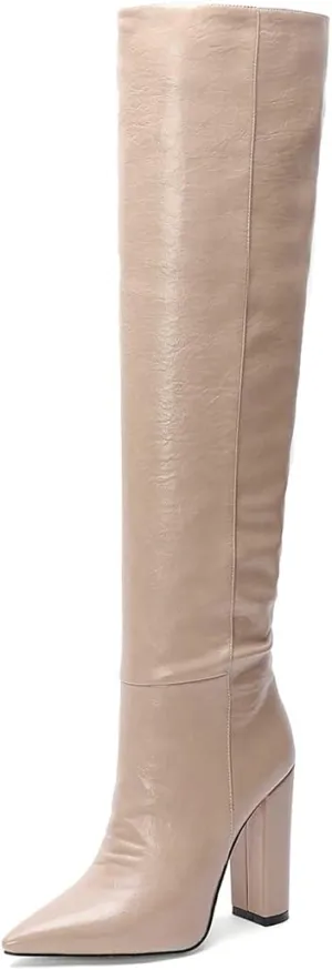 Women Leather Knee High Boots Block Heel Vintage Thigh High Chunky Heeled Dress Shoes for Daily