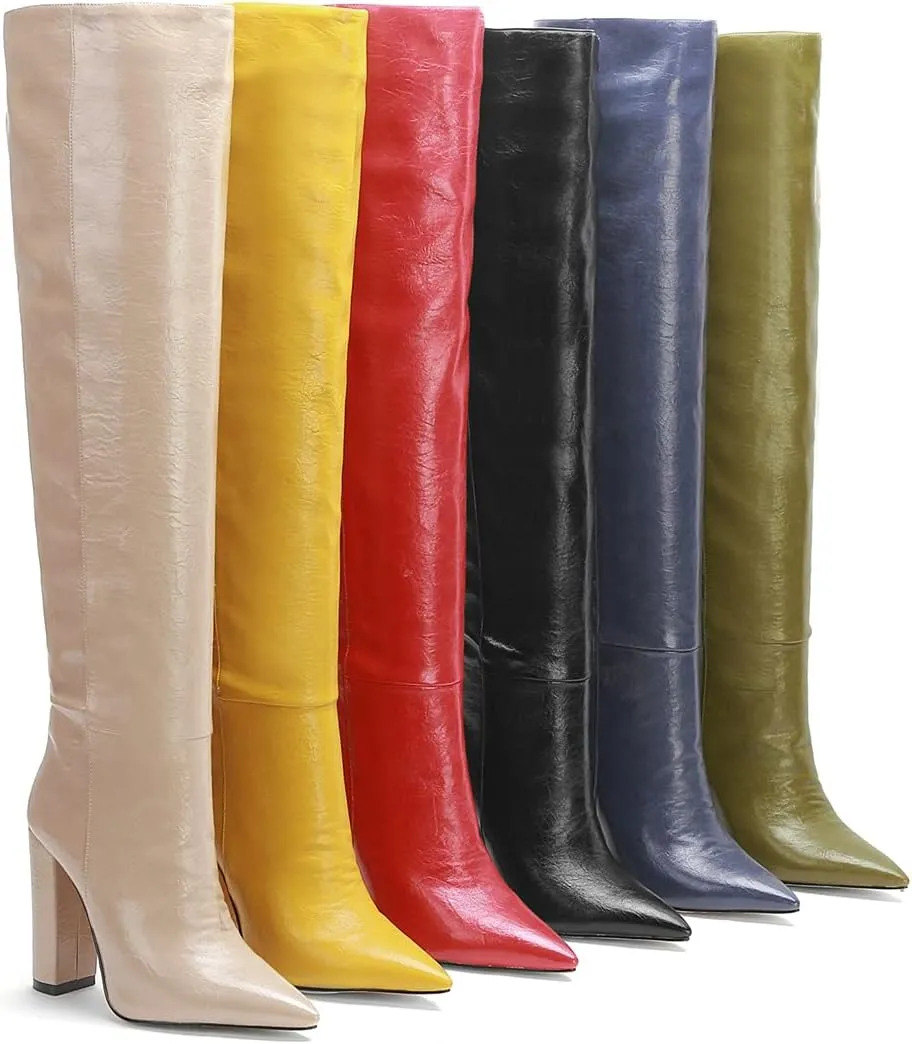 Women Leather Knee High Boots Block Heel Vintage Thigh High Chunky Heeled Dress Shoes for Daily