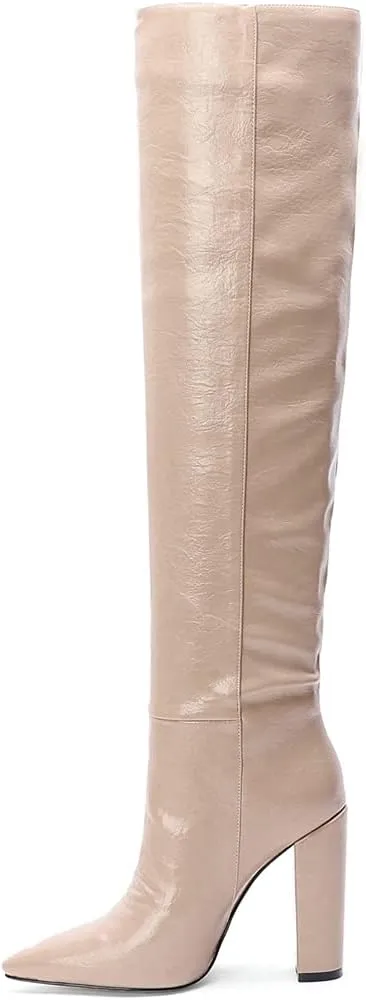 Women Leather Knee High Boots Block Heel Vintage Thigh High Chunky Heeled Dress Shoes for Daily