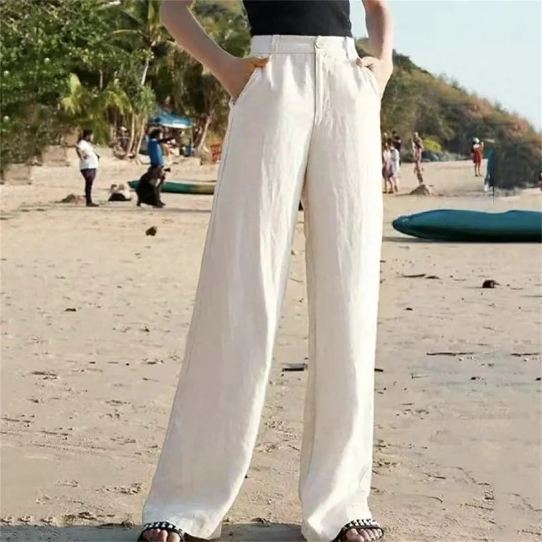 Women Loose Cotton Linen High Waist Casual Straight Streetwear Bottom Wide Leg Pants