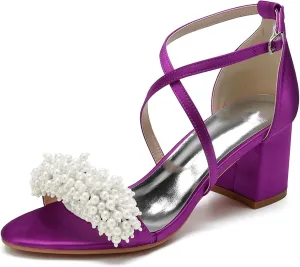 Women Open Toe Chunky Block Heels Beaded Satin Crossover Strappy Wedding Evening Party Sandals