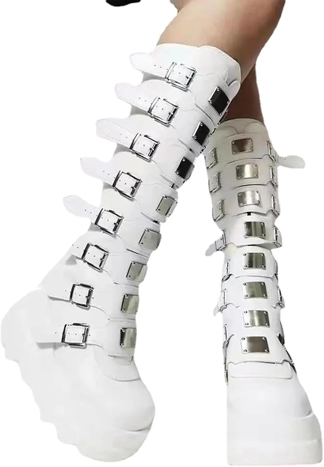 Women Platform Knee High Goth Boots Zip Round Toe Wedge Punk Mid Calf Boots Buckle Chunky High Heel Combat Boots