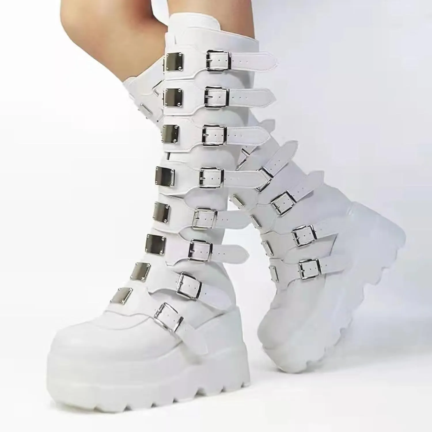 Women Platform Knee High Goth Boots Zip Round Toe Wedge Punk Mid Calf Boots Buckle Chunky High Heel Combat Boots