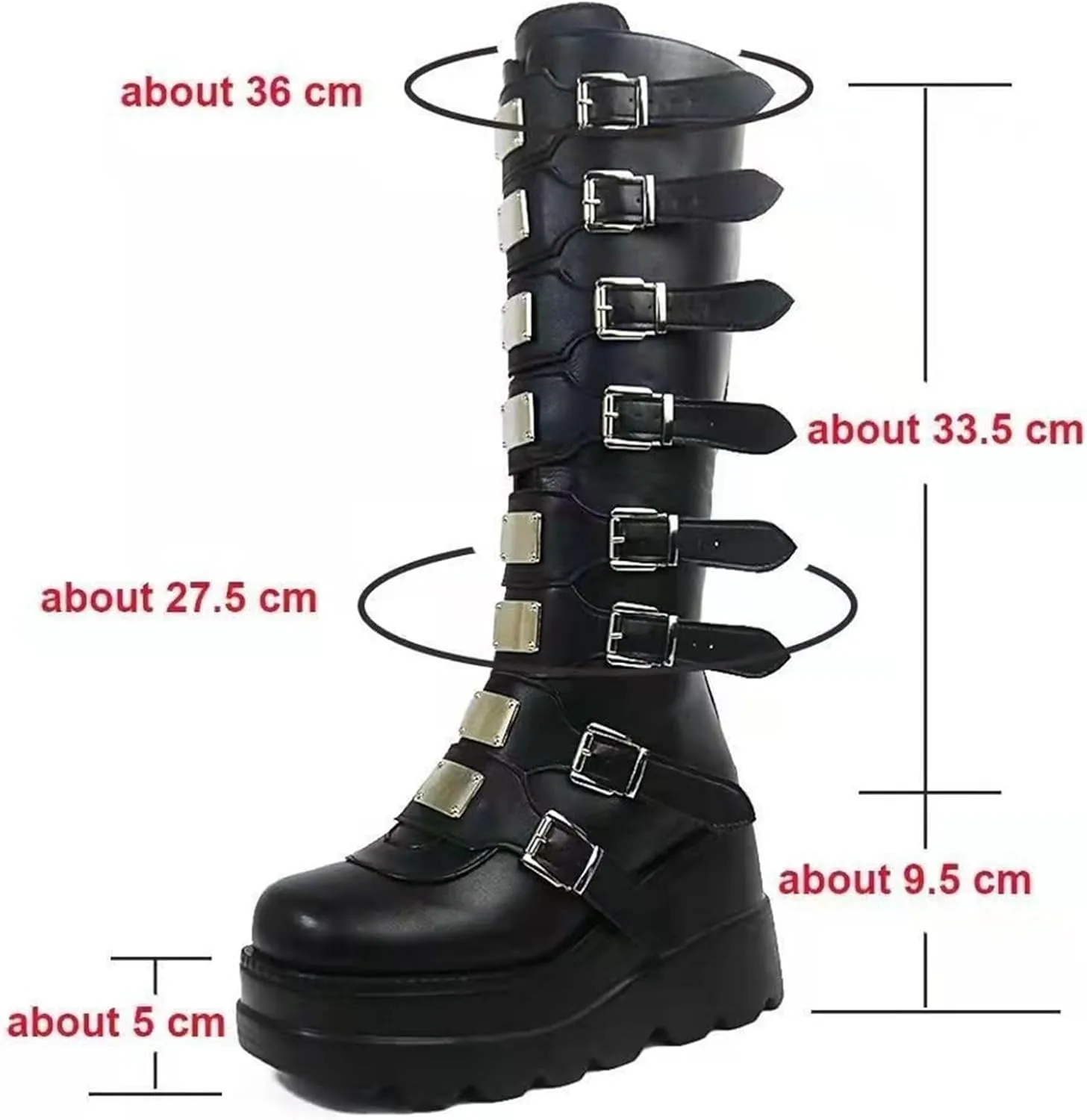 Women Platform Knee High Goth Boots Zip Round Toe Wedge Punk Mid Calf Boots Buckle Chunky High Heel Combat Boots