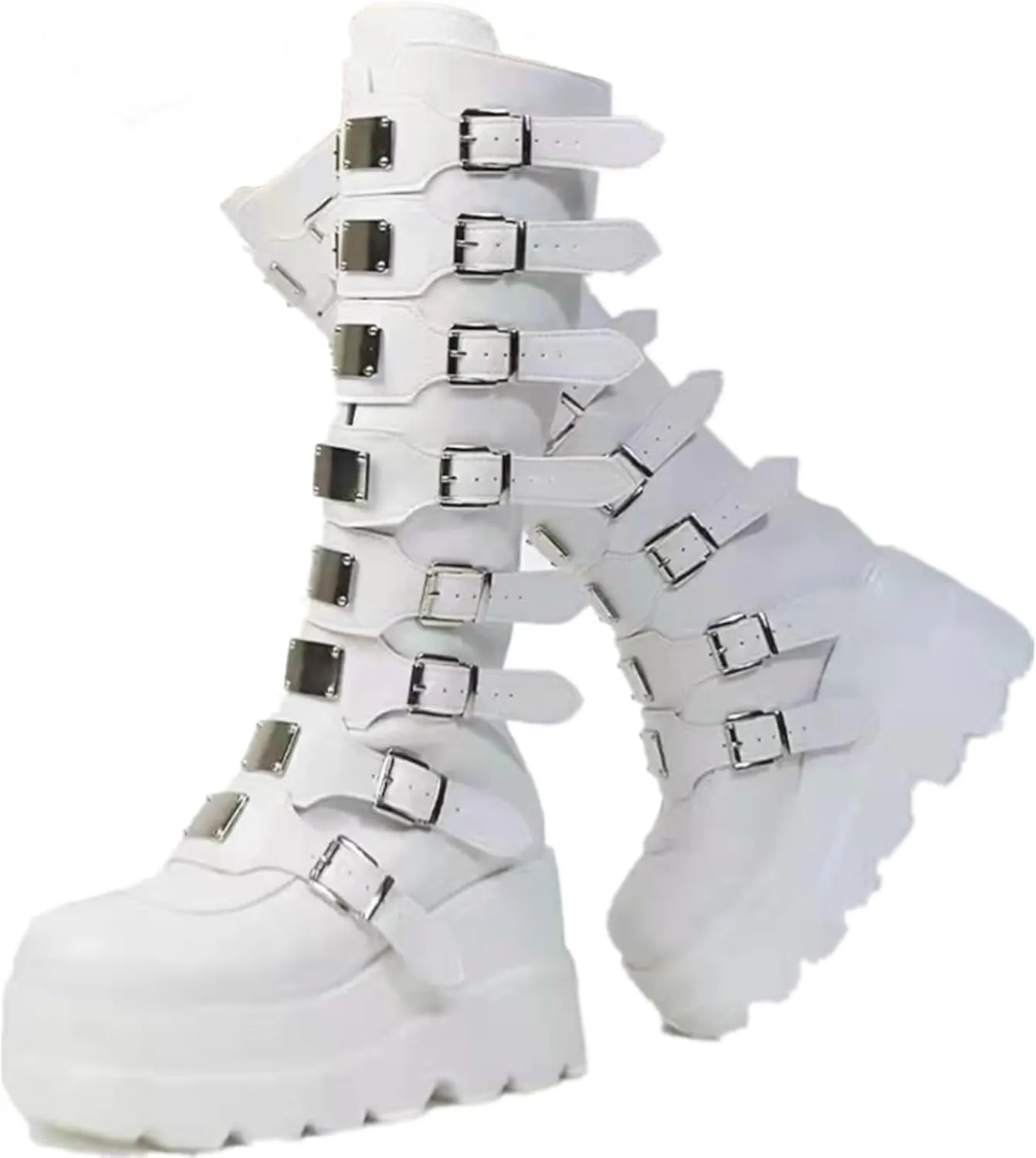 Women Platform Knee High Goth Boots Zip Round Toe Wedge Punk Mid Calf Boots Buckle Chunky High Heel Combat Boots