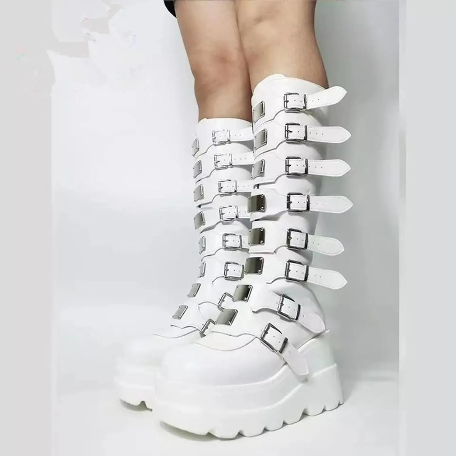 Women Platform Knee High Goth Boots Zip Round Toe Wedge Punk Mid Calf Boots Buckle Chunky High Heel Combat Boots