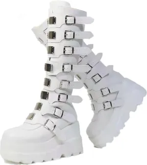 Women Platform Knee High Goth Boots Zip Round Toe Wedge Punk Mid Calf Boots Buckle Chunky High Heel Combat Boots