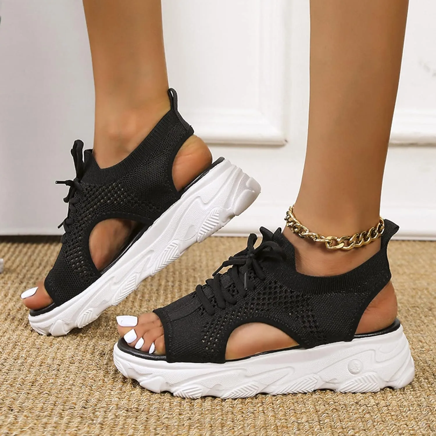 Women Summer Athletic Shoes Sandals Mesh Casual Thick Soled Lace Up Sandals Open Toe Beach Shoes Wedge Sandals for Women