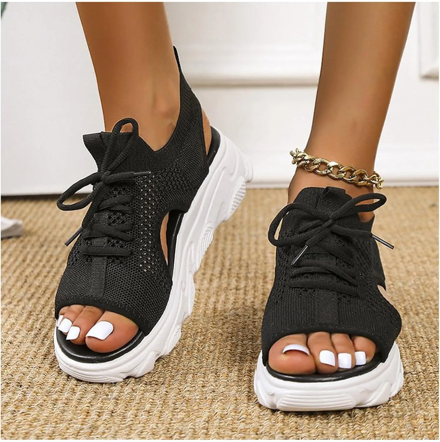 Women Summer Athletic Shoes Sandals Mesh Casual Thick Soled Lace Up Sandals Open Toe Beach Shoes Wedge Sandals for Women
