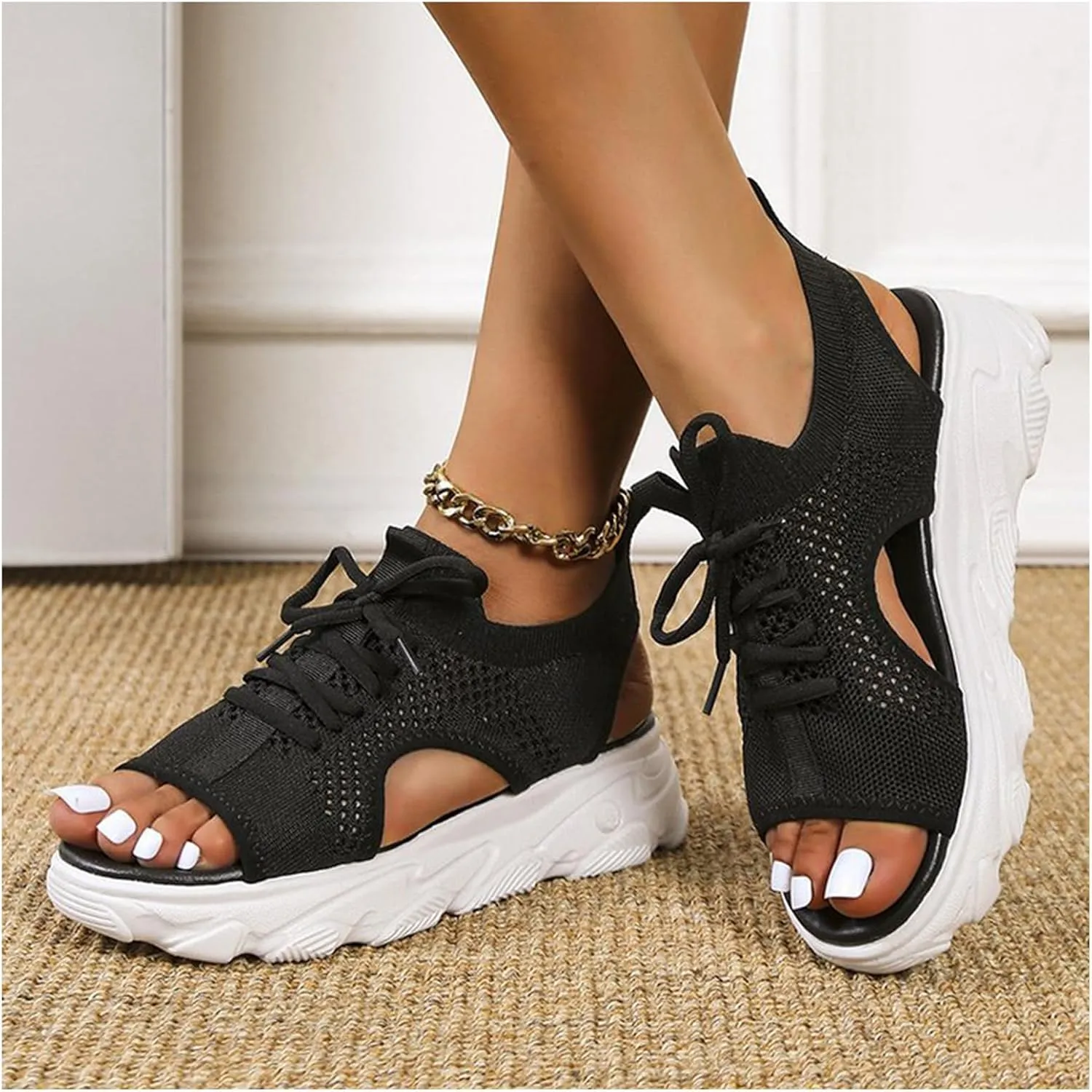 Women Summer Athletic Shoes Sandals Mesh Casual Thick Soled Lace Up Sandals Open Toe Beach Shoes Wedge Sandals for Women