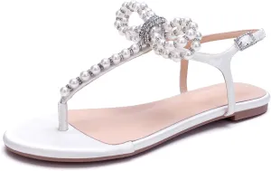 Women T-Strap Thong Sandals with Pearl Roman Style Flats with Bow,Bohemian Casual Beach Slingback Flat Sandals