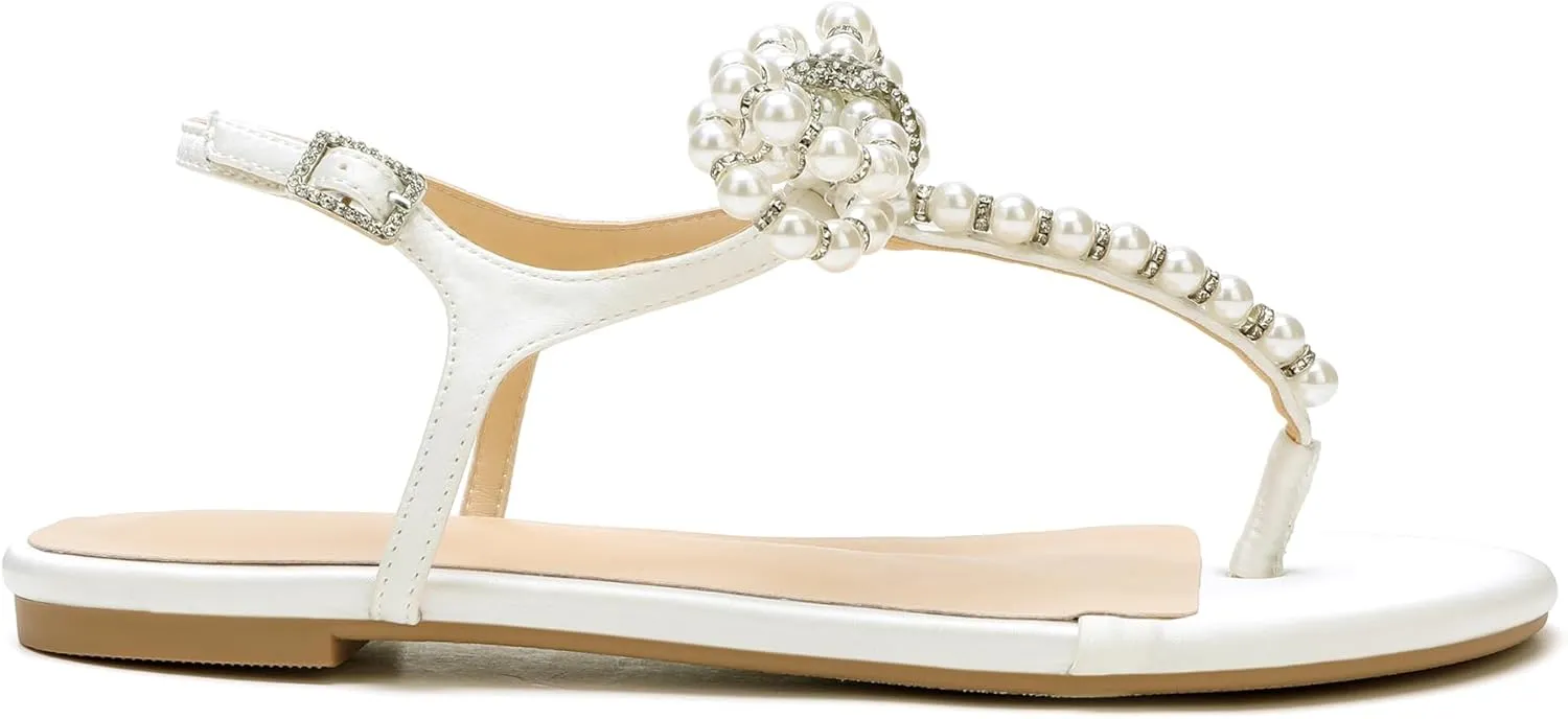 Women T-Strap Thong Sandals with Pearl Roman Style Flats with Bow,Bohemian Casual Beach Slingback Flat Sandals