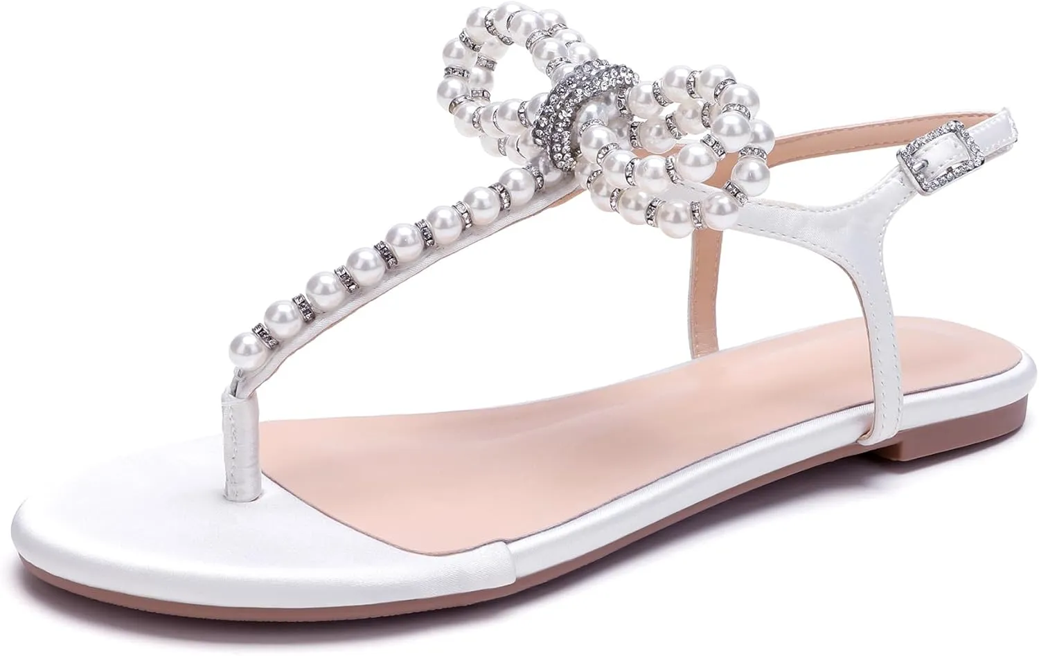 Women T-Strap Thong Sandals with Pearl Roman Style Flats with Bow,Bohemian Casual Beach Slingback Flat Sandals