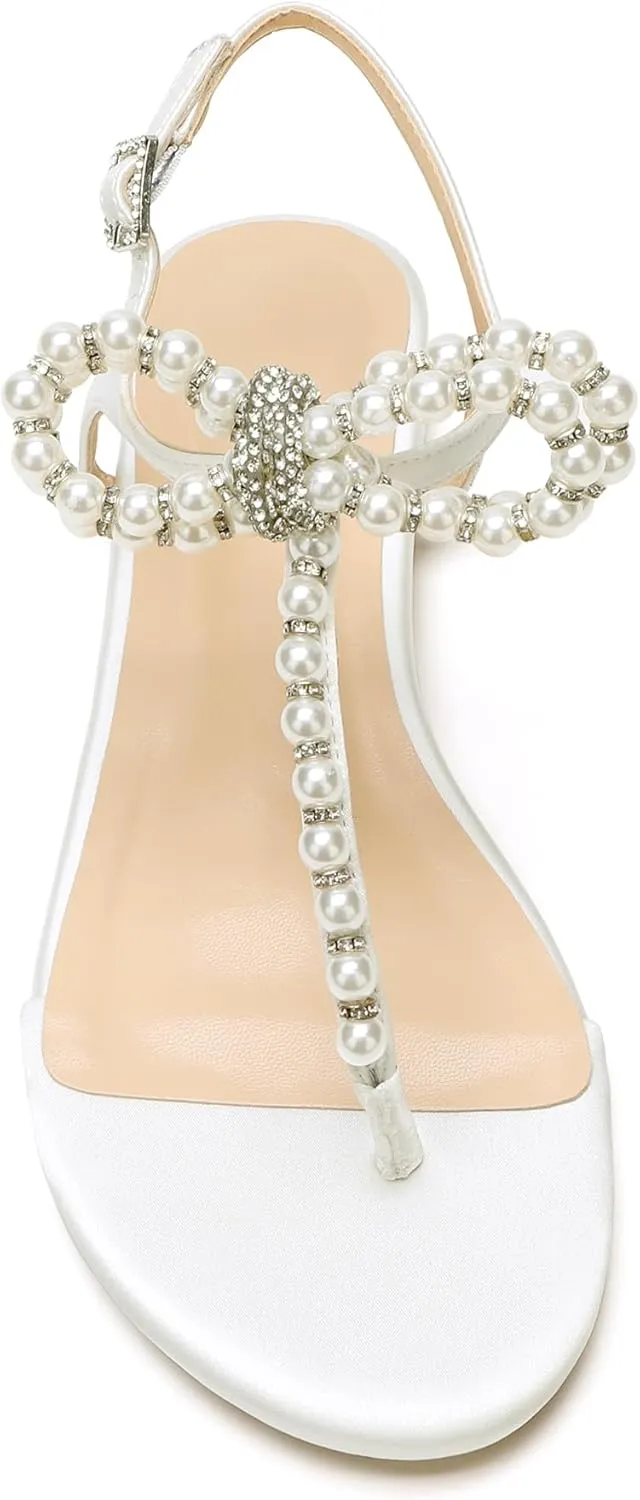 Women T-Strap Thong Sandals with Pearl Roman Style Flats with Bow,Bohemian Casual Beach Slingback Flat Sandals