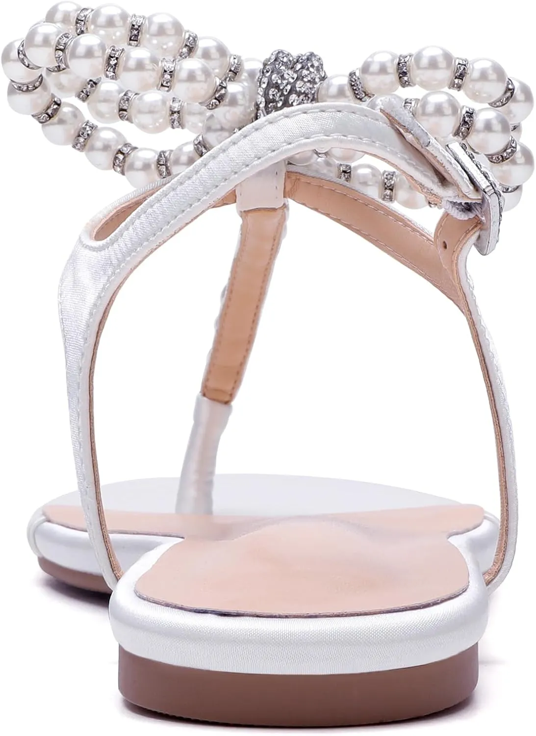 Women T-Strap Thong Sandals with Pearl Roman Style Flats with Bow,Bohemian Casual Beach Slingback Flat Sandals