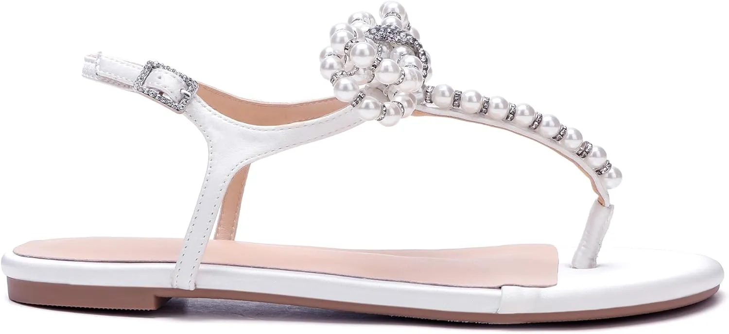 Women T-Strap Thong Sandals with Pearl Roman Style Flats with Bow,Bohemian Casual Beach Slingback Flat Sandals