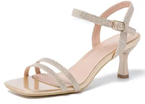 Women's Ankle Strap Low Kitten Heel Square Open Toe Strappy Heeled Sandals Party Dress Wedding Dance Shoes