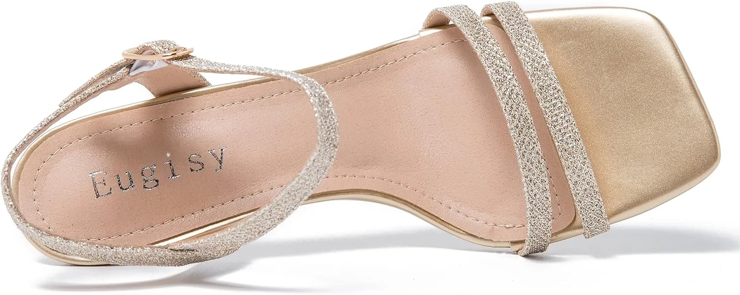 Women's Ankle Strap Low Kitten Heel Square Open Toe Strappy Heeled Sandals Party Dress Wedding Dance Shoes
