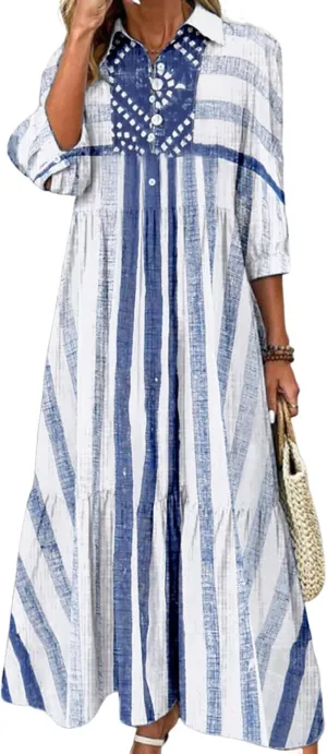 Women's Blue and White Striped Shirt Style Maxi Dress 2025 Summer Fashion Breezy Print 3/4 Sleeve Long Dress