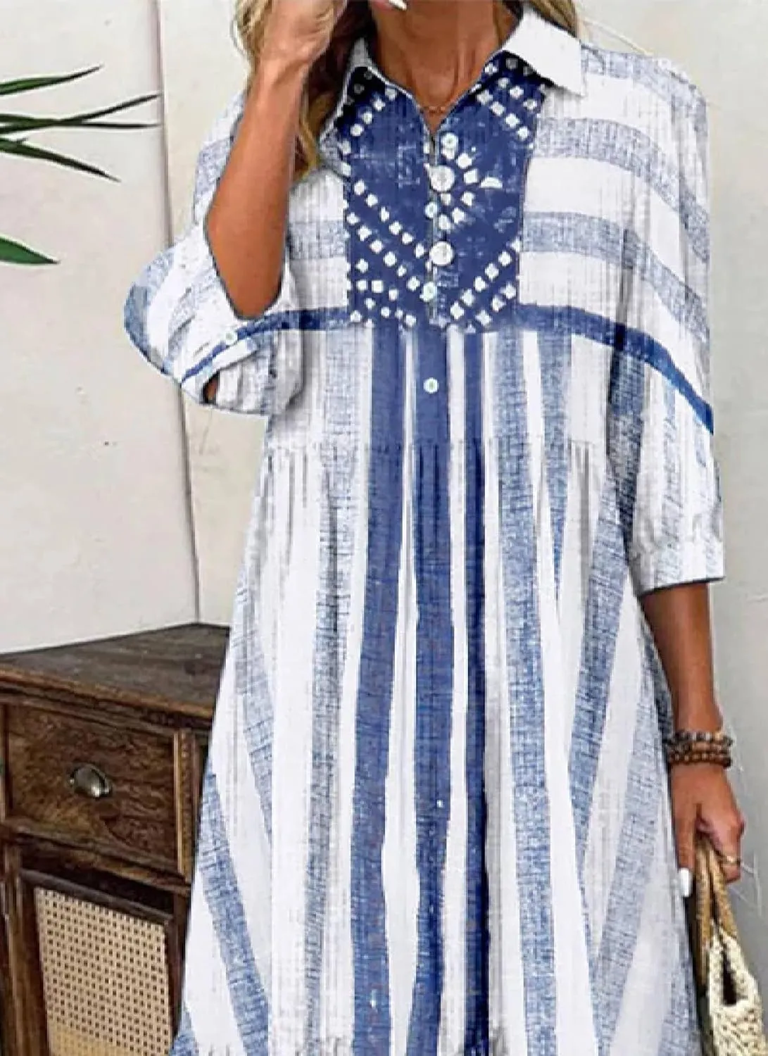 Women's Blue and White Striped Shirt Style Maxi Dress 2025 Summer Fashion Breezy Print 3/4 Sleeve Long Dress