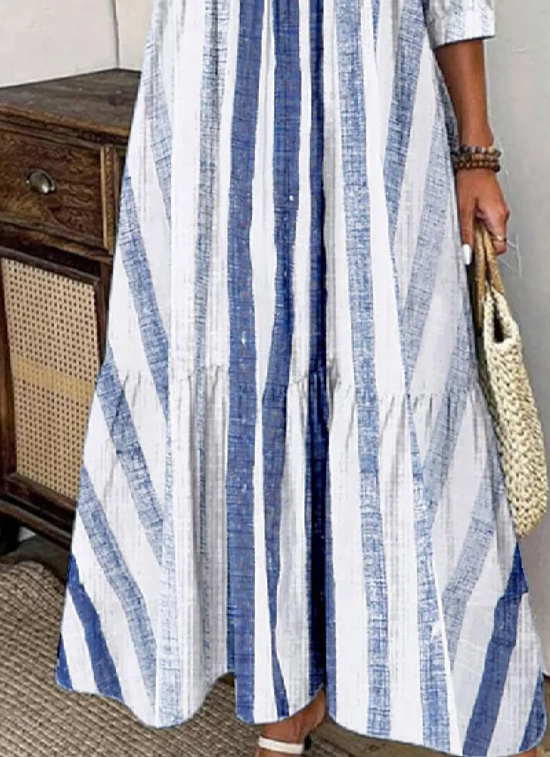 Women's Blue and White Striped Shirt Style Maxi Dress 2025 Summer Fashion Breezy Print 3/4 Sleeve Long Dress