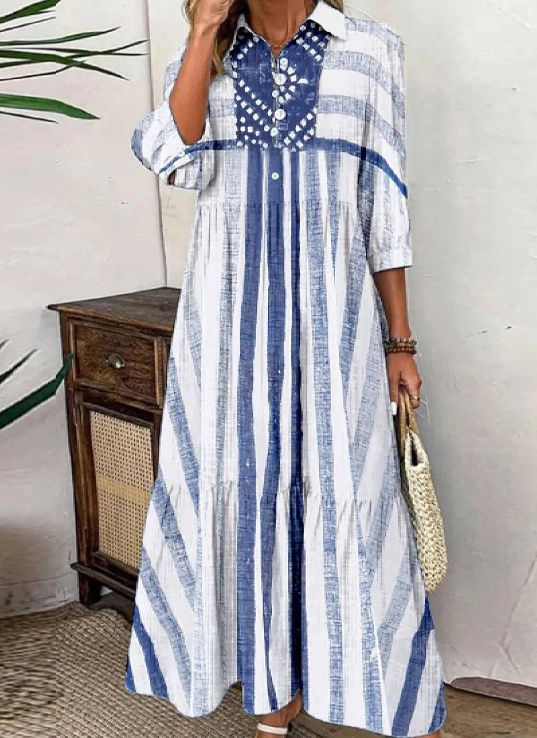 Women's Blue and White Striped Shirt Style Maxi Dress 2025 Summer Fashion Breezy Print 3/4 Sleeve Long Dress