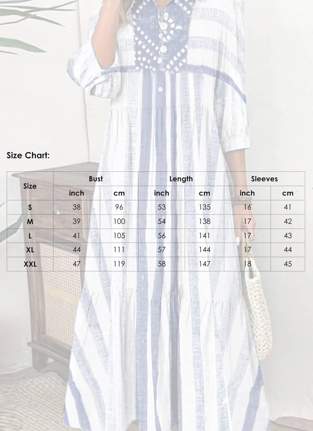 Women's Blue and White Striped Shirt Style Maxi Dress 2025 Summer Fashion Breezy Print 3/4 Sleeve Long Dress