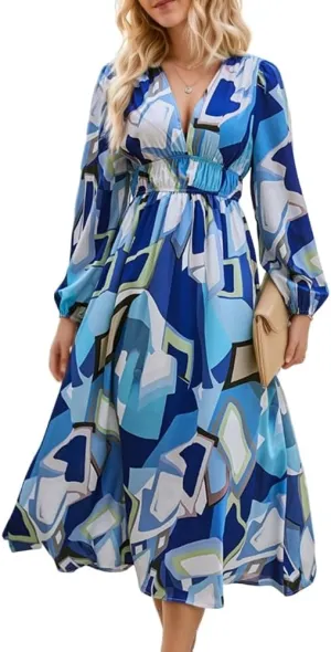 Womens Boho Elastic Empire Waist Lattern Long Sleeve Swing Dress Spring Summer Casual Floral V Neck Maxi Dresses