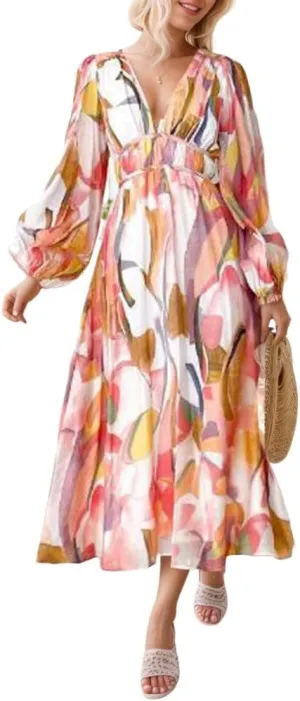 Womens Boho Elastic Empire Waist Lattern Long Sleeve Swing Dress Spring Summer Casual Floral V Neck Maxi Dresses